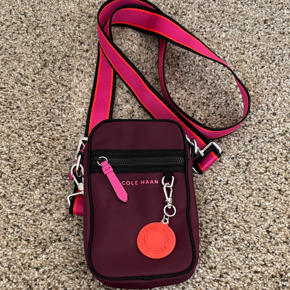 Cole Haan Burgundy Crossbody Bag with Pink Strap and Orange Accent